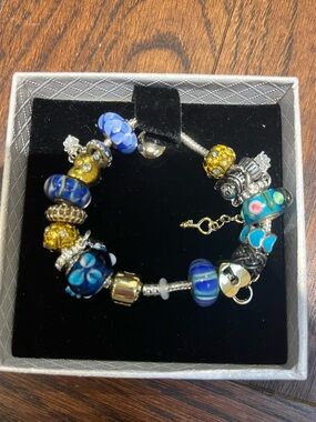 Swarovski Blue, Teal & Gold Glass Charm Bracelet